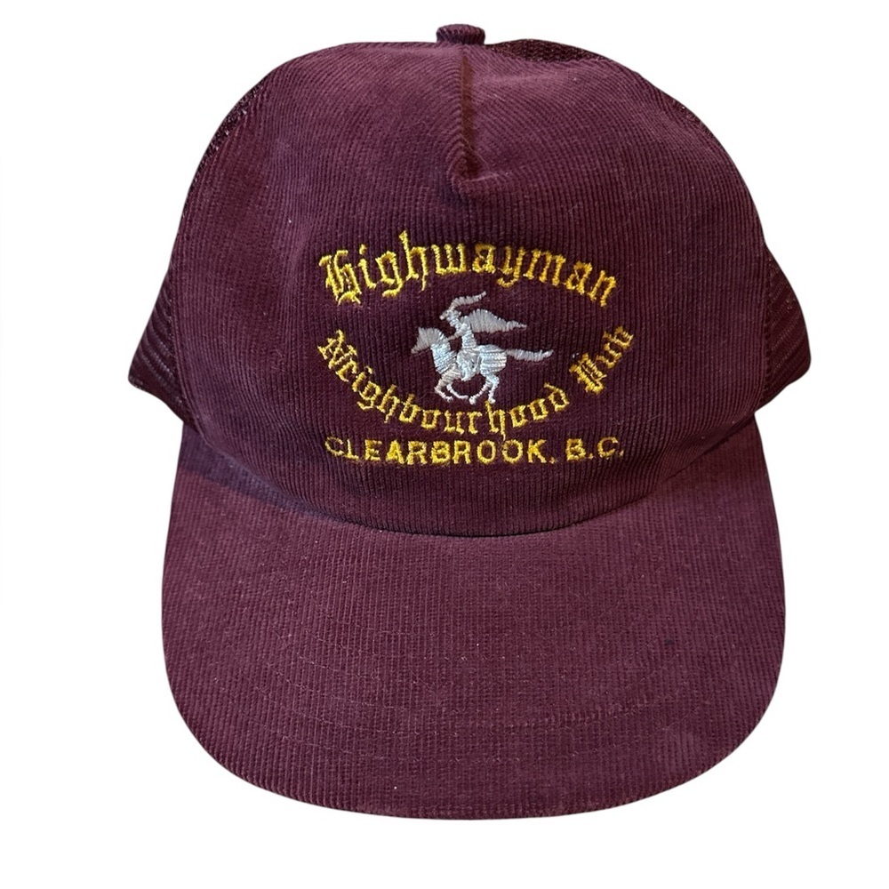 Vintage burgundy “highwayman” trucker hat. 100% cotton